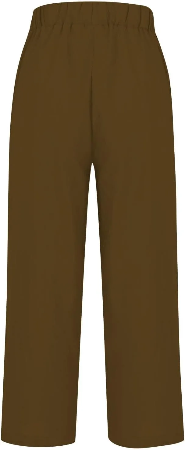 Cotton Linen Pants for Women Summer Elastic Waist Crop Pants Plus Size Straight Leg Slack Casual Trousers with Pocket