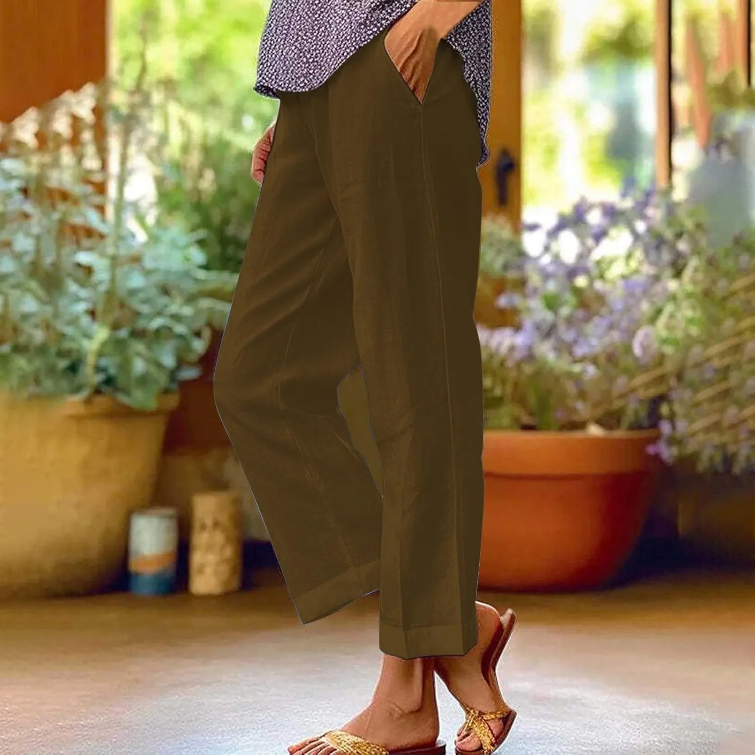 Cotton Linen Pants for Women Summer Elastic Waist Crop Pants Plus Size Straight Leg Slack Casual Trousers with Pocket