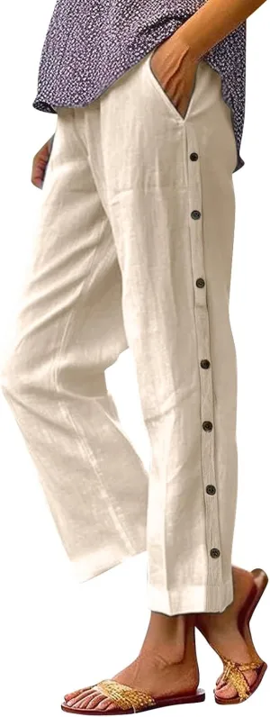 Cotton Linen Pants for Women Summer Elastic Waist Crop Pants Plus Size Straight Leg Slack Casual Trousers with Pocket