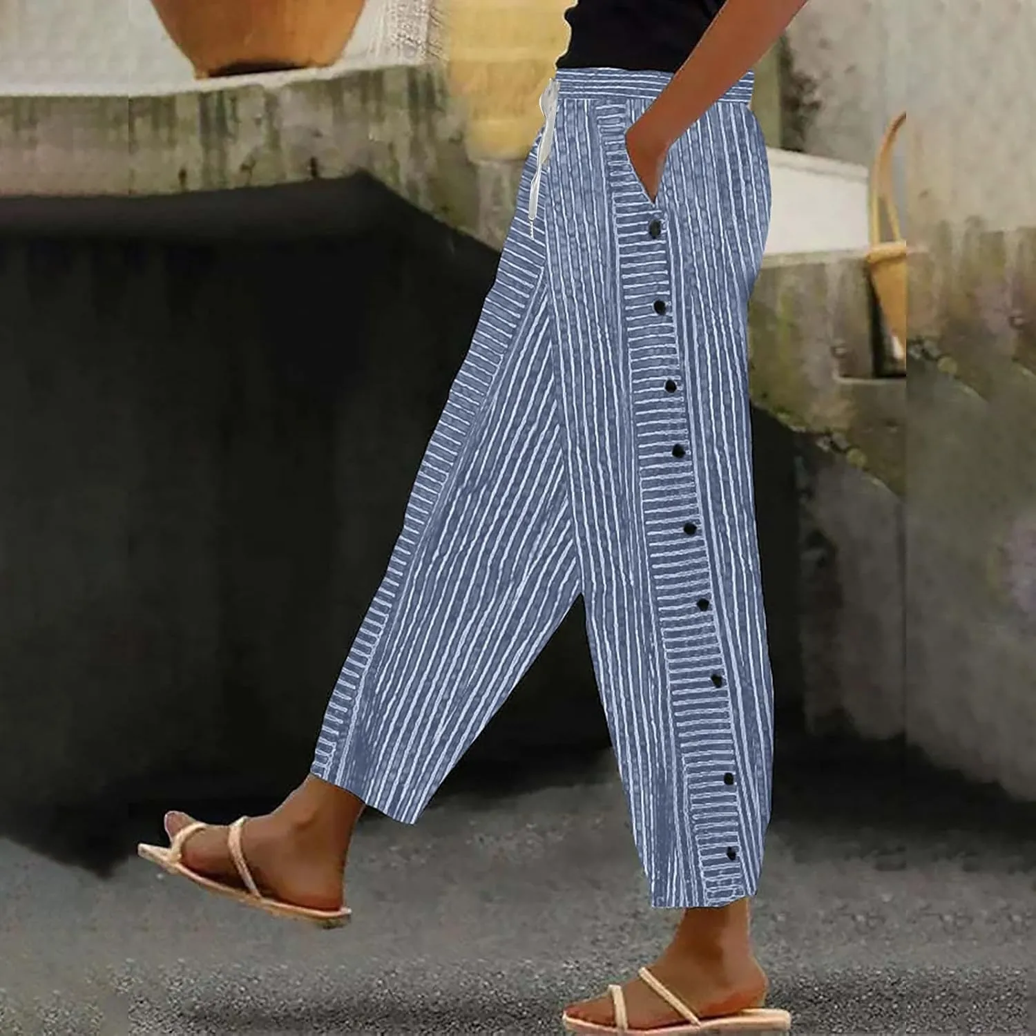Cotton Linen Pants Women 2025 Summer High Waist Straight Leg Striped Cropped Pants Comfy Plus Size Lounge Trousers