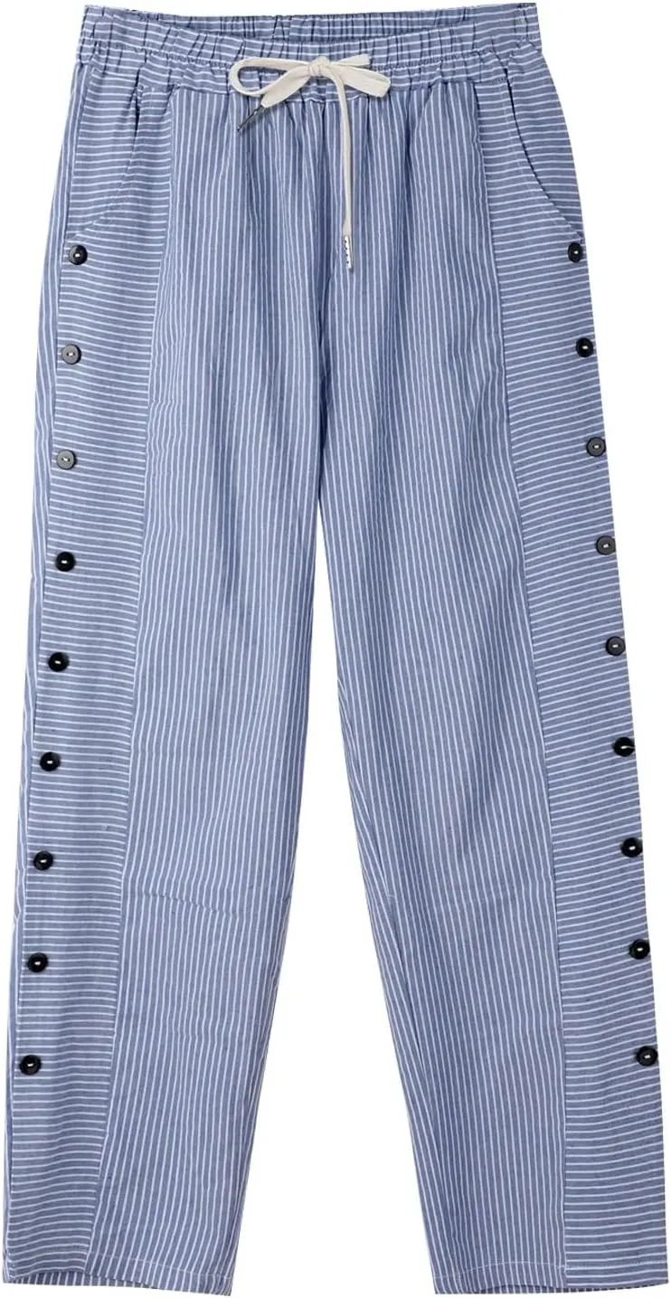 Cotton Linen Pants Women 2025 Summer High Waist Straight Leg Striped Cropped Pants Comfy Plus Size Lounge Trousers