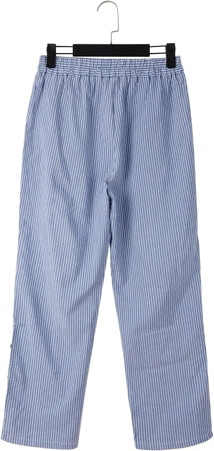 Cotton Linen Pants Women 2025 Summer High Waist Straight Leg Striped Cropped Pants Comfy Plus Size Lounge Trousers