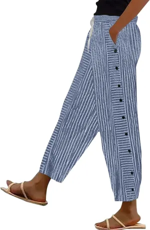 Cotton Linen Pants Women 2025 Summer High Waist Straight Leg Striped Cropped Pants Comfy Plus Size Lounge Trousers