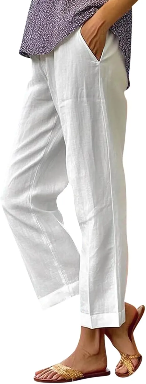 Cotton Linen Pants Women Summer Elastic Waist Straight Leg Plus Size Cropped Pants Casual Beach Trousers with Pockets