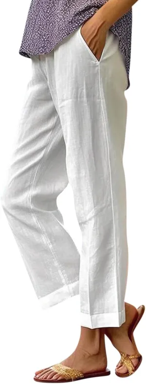 Cotton Linen Pants Women Summer Elastic Waist Straight Leg Plus Size Cropped Pants Casual Beach Trousers with Pockets