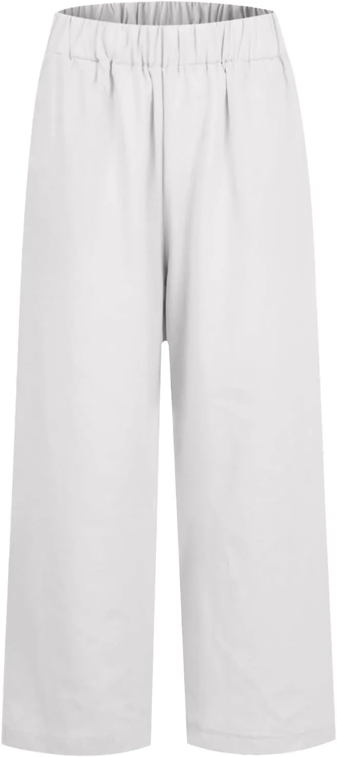 Cotton Linen Pants Women Summer Elastic Waist Straight Leg Plus Size Cropped Pants Casual Beach Trousers with Pockets
