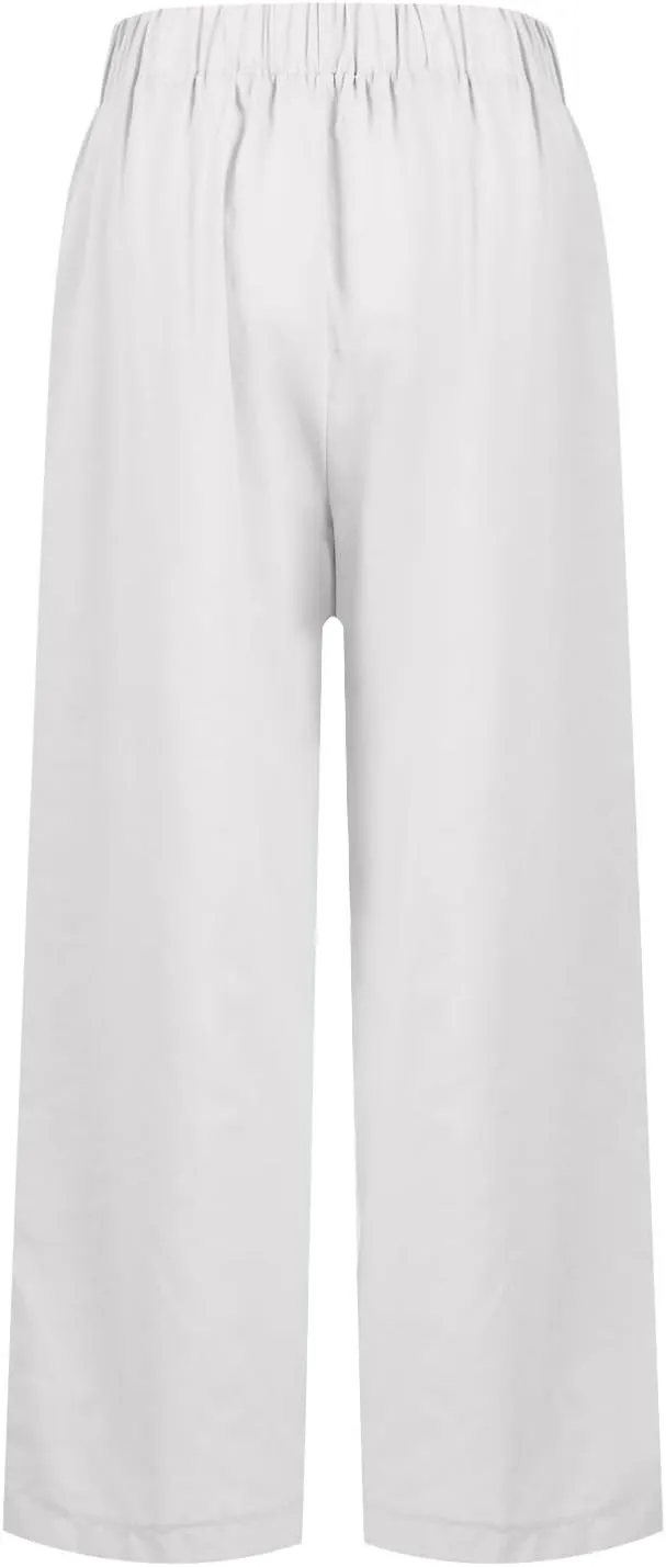 Cotton Linen Pants Women Summer Elastic Waist Straight Leg Plus Size Cropped Pants Casual Beach Trousers with Pockets