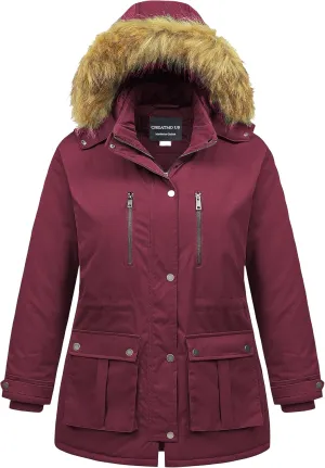 CREATMO US Women's Plus Size Winter Coat Waterproof Long Puffer Jacket Warm Military Thicken Parka with Fur Hood