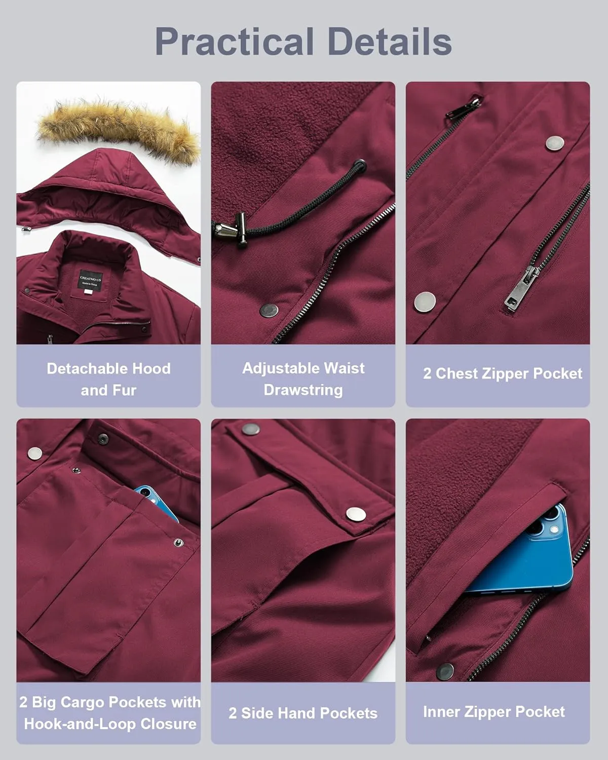 CREATMO US Women's Plus Size Winter Coat Waterproof Long Puffer Jacket Warm Military Thicken Parka with Fur Hood