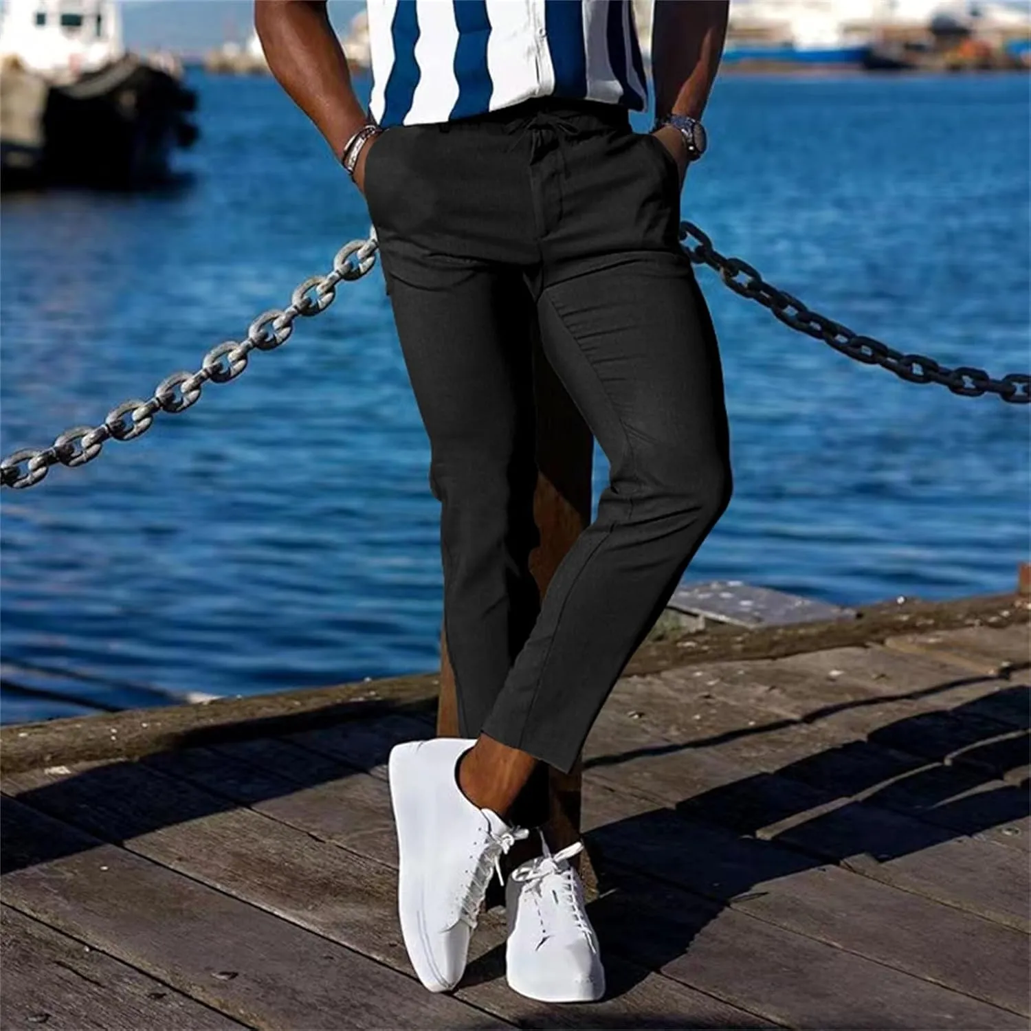 CRNTCEM Mens Tapered Leg Casual Pants Elastic Waist Chinos Cotton Joggers Outdoor Casual Anckle Athletic Work Formal Pant
