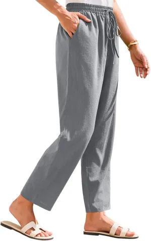 Cropped Linen Pants Women High Waist Wide Leg Casual Palazzo Pant with Pockets Beach Crop Trousers Summer Outfits