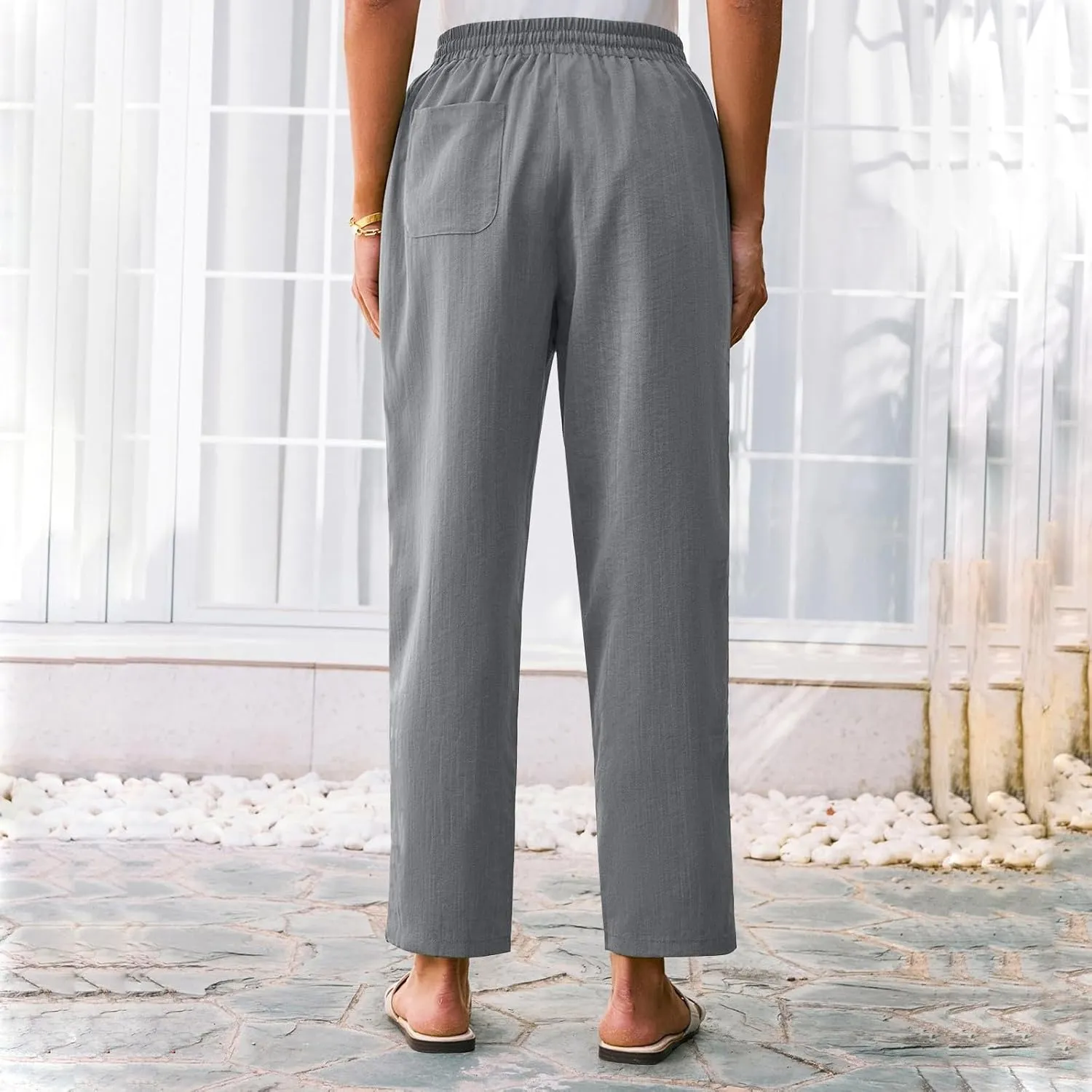 Cropped Linen Pants Women High Waist Wide Leg Casual Palazzo Pant with Pockets Beach Crop Trousers Summer Outfits