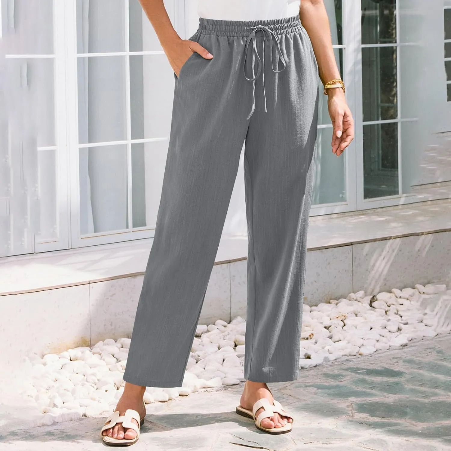 Cropped Linen Pants Women High Waist Wide Leg Casual Palazzo Pant with Pockets Beach Crop Trousers Summer Outfits