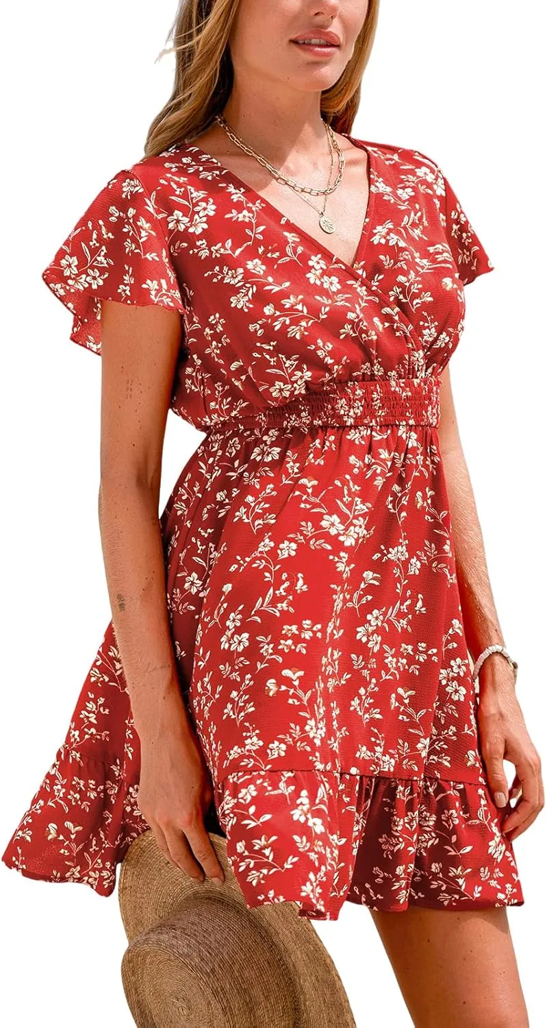 CUPSHE Women's Summer Floral Mini Dress Ruffle Trim Short Sleeve Smocked Waist Beach Short Dress