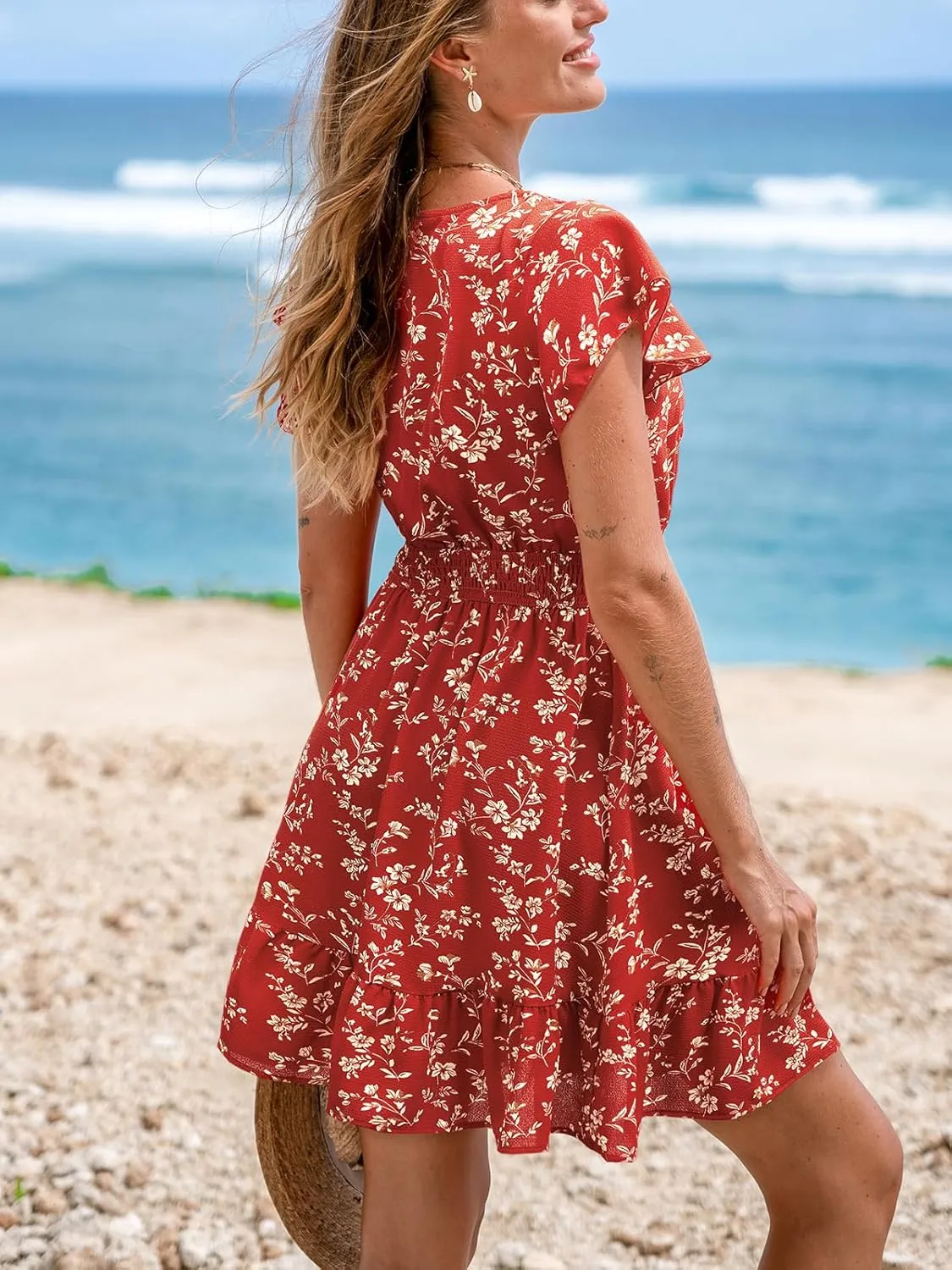 CUPSHE Women's Summer Floral Mini Dress Ruffle Trim Short Sleeve Smocked Waist Beach Short Dress