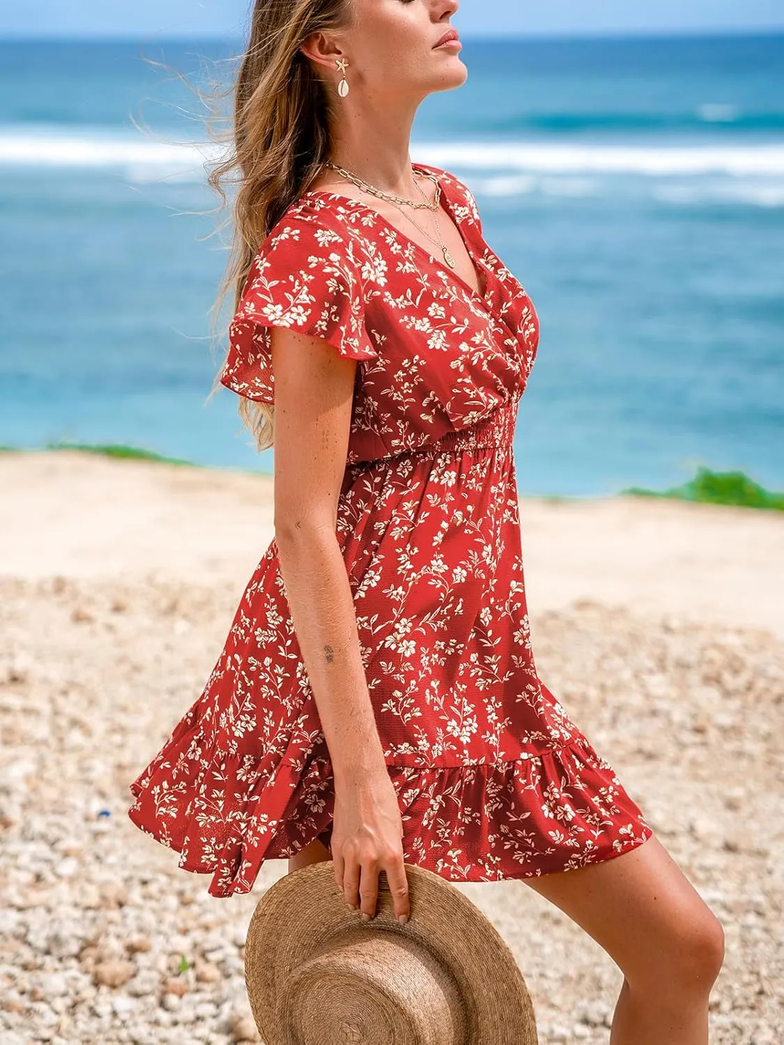 CUPSHE Women's Summer Floral Mini Dress Ruffle Trim Short Sleeve Smocked Waist Beach Short Dress