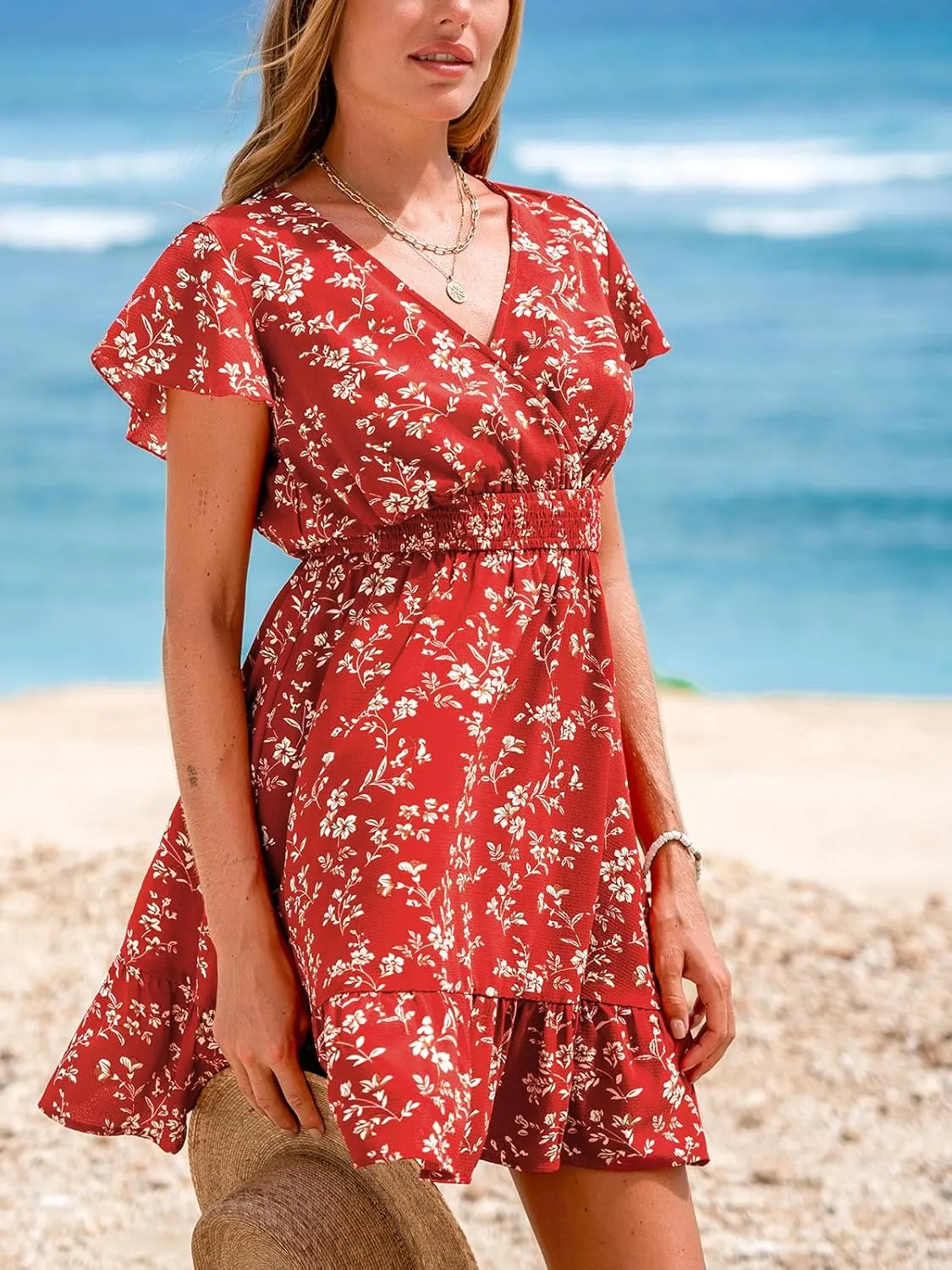 CUPSHE Women's Summer Floral Mini Dress Ruffle Trim Short Sleeve Smocked Waist Beach Short Dress