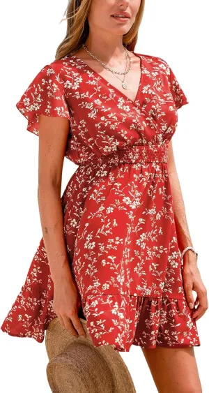 CUPSHE Women's Summer Floral Mini Dress Ruffle Trim Short Sleeve Smocked Waist Beach Short Dress