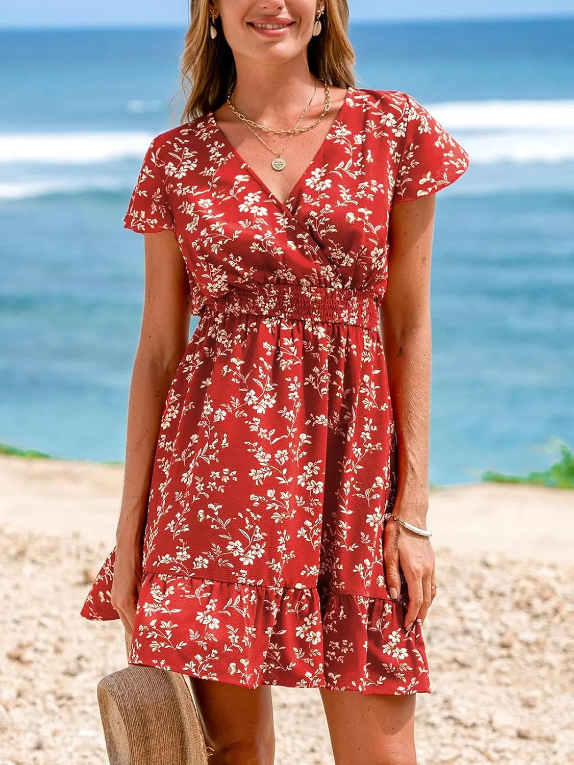 CUPSHE Women's Summer Floral Mini Dress Ruffle Trim Short Sleeve Smocked Waist Beach Short Dress