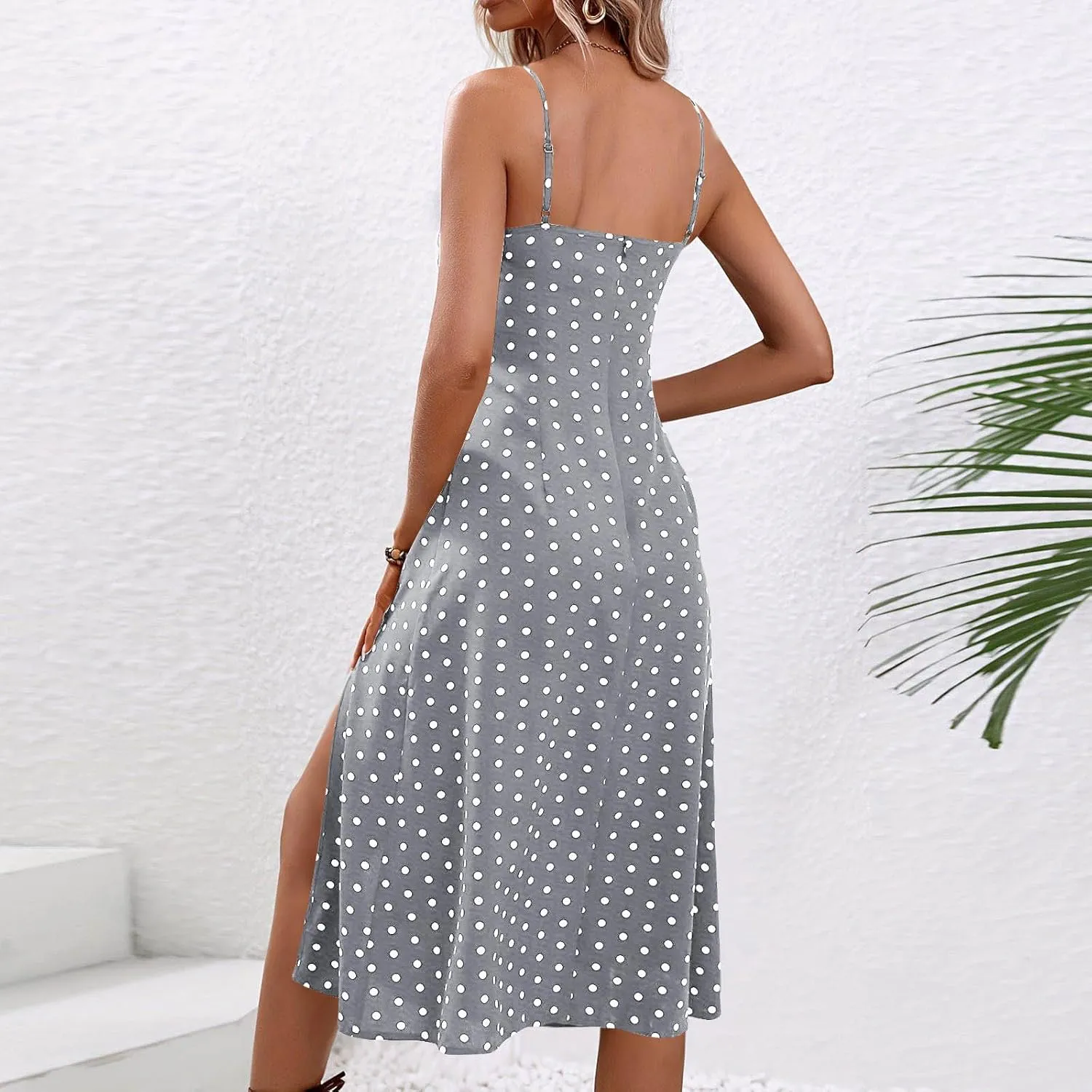 Cute Polka Dots Sleeveless Cami Dress for Women Tie Front Flared Midi Dresses Casual Fitted Split Hem Beach Sundress