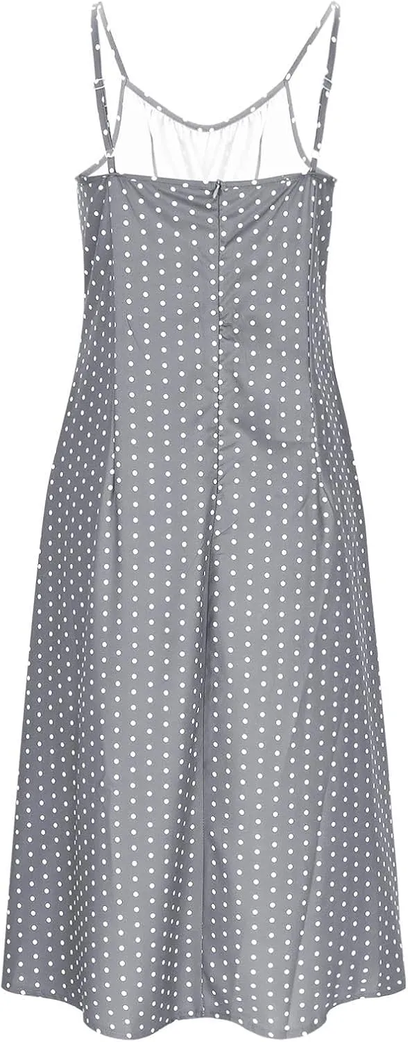Cute Polka Dots Sleeveless Cami Dress for Women Tie Front Flared Midi Dresses Casual Fitted Split Hem Beach Sundress