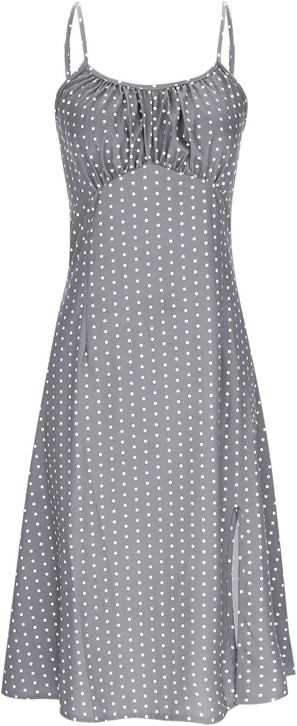 Cute Polka Dots Sleeveless Cami Dress for Women Tie Front Flared Midi Dresses Casual Fitted Split Hem Beach Sundress