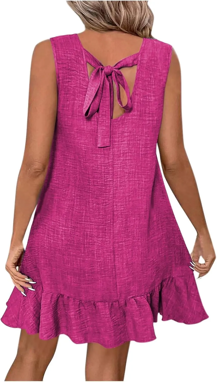 Cute Ruffle Hem Sundress for Women Summer Bowtie Backless Sleeveless Crewneck Mini Dresses Casual Beach A-Line Dress