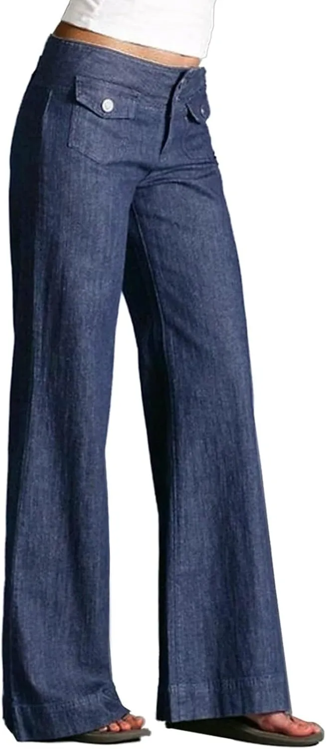 Denim Pants for Women Dressy Casual Work Pants Slacks High Waisted Wide Leg Palazzo Pants Trousers with Front Pockets