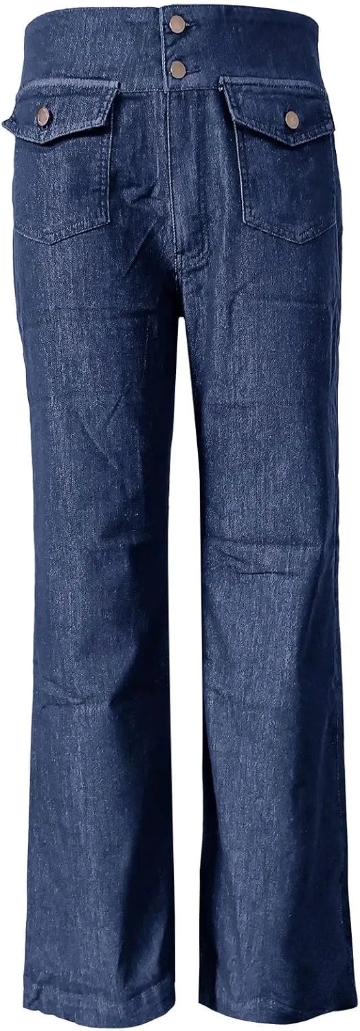 Denim Pants for Women Dressy Casual Work Pants Slacks High Waisted Wide Leg Palazzo Pants Trousers with Front Pockets
