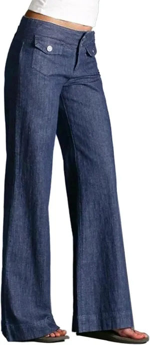 Denim Pants for Women Dressy Casual Work Pants Slacks High Waisted Wide Leg Palazzo Pants Trousers with Front Pockets