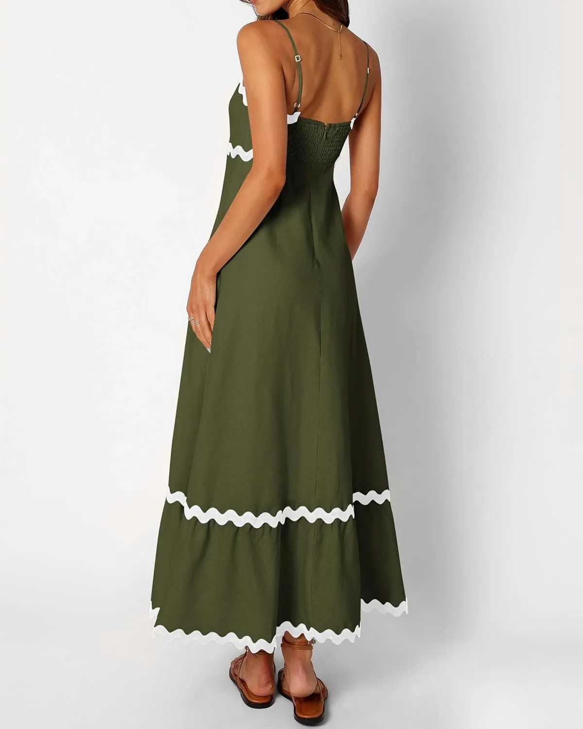 dowerme Women Summer Dresses 2025 Spaghetti Straps Sleeveless Smocked Rickrack Trim Boho Flowy Loose A-Line Midi Dress