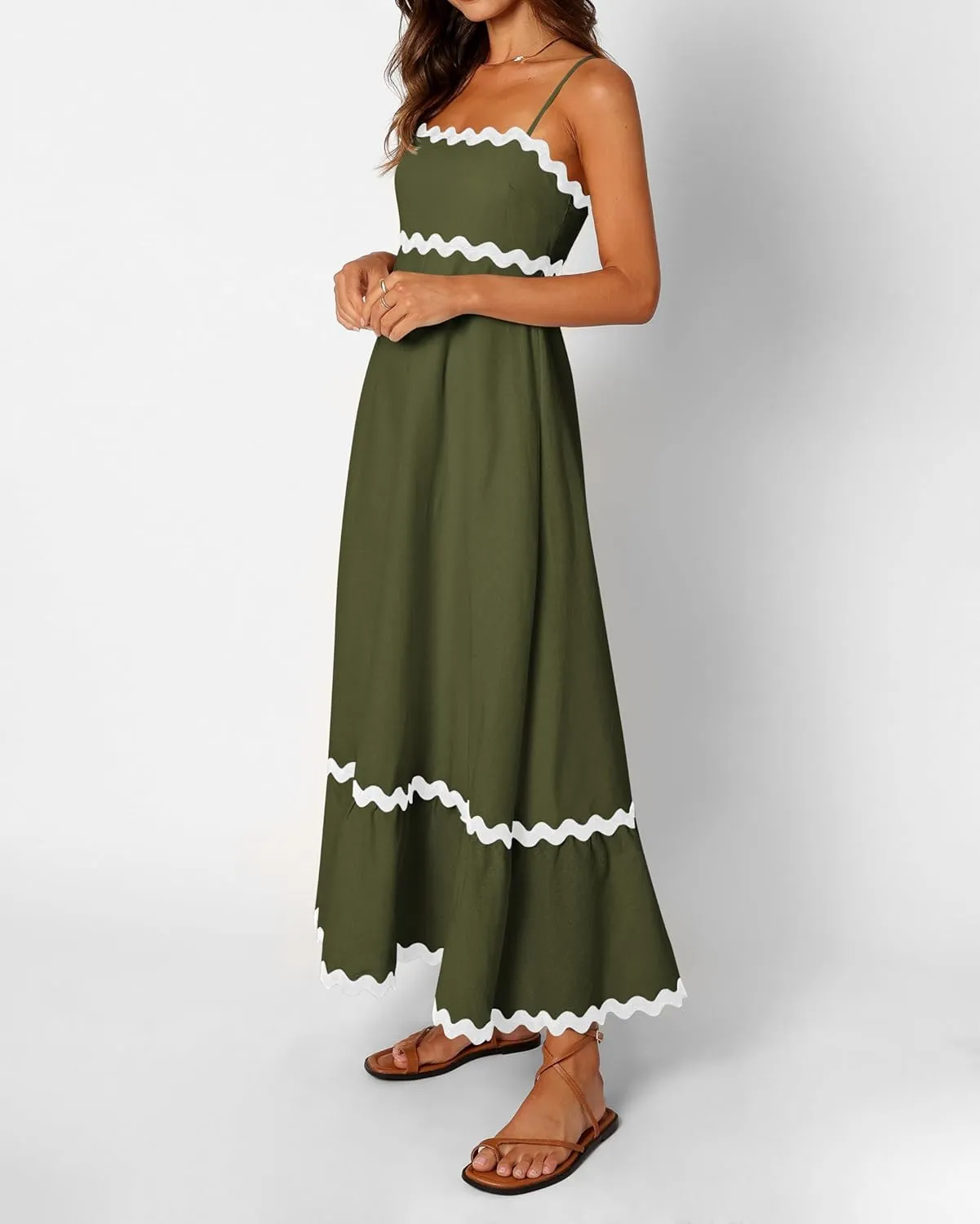 dowerme Women Summer Dresses 2025 Spaghetti Straps Sleeveless Smocked Rickrack Trim Boho Flowy Loose A-Line Midi Dress