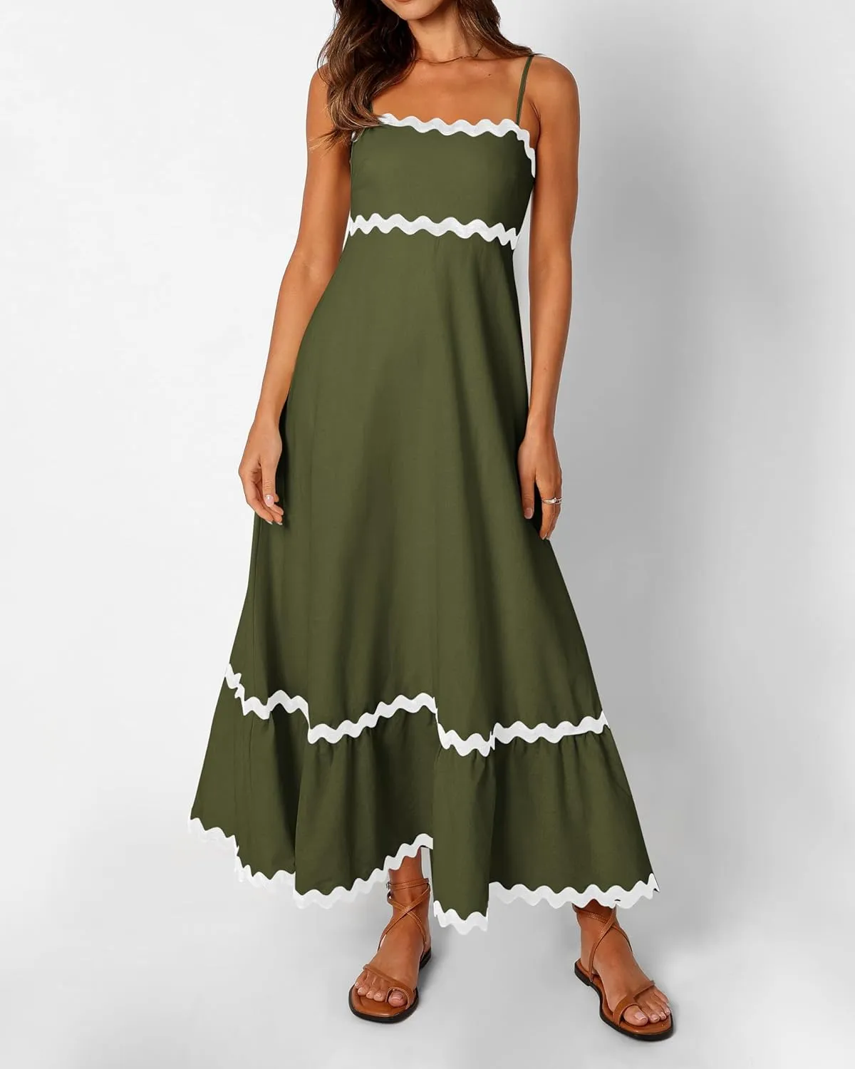 dowerme Women Summer Dresses 2025 Spaghetti Straps Sleeveless Smocked Rickrack Trim Boho Flowy Loose A-Line Midi Dress
