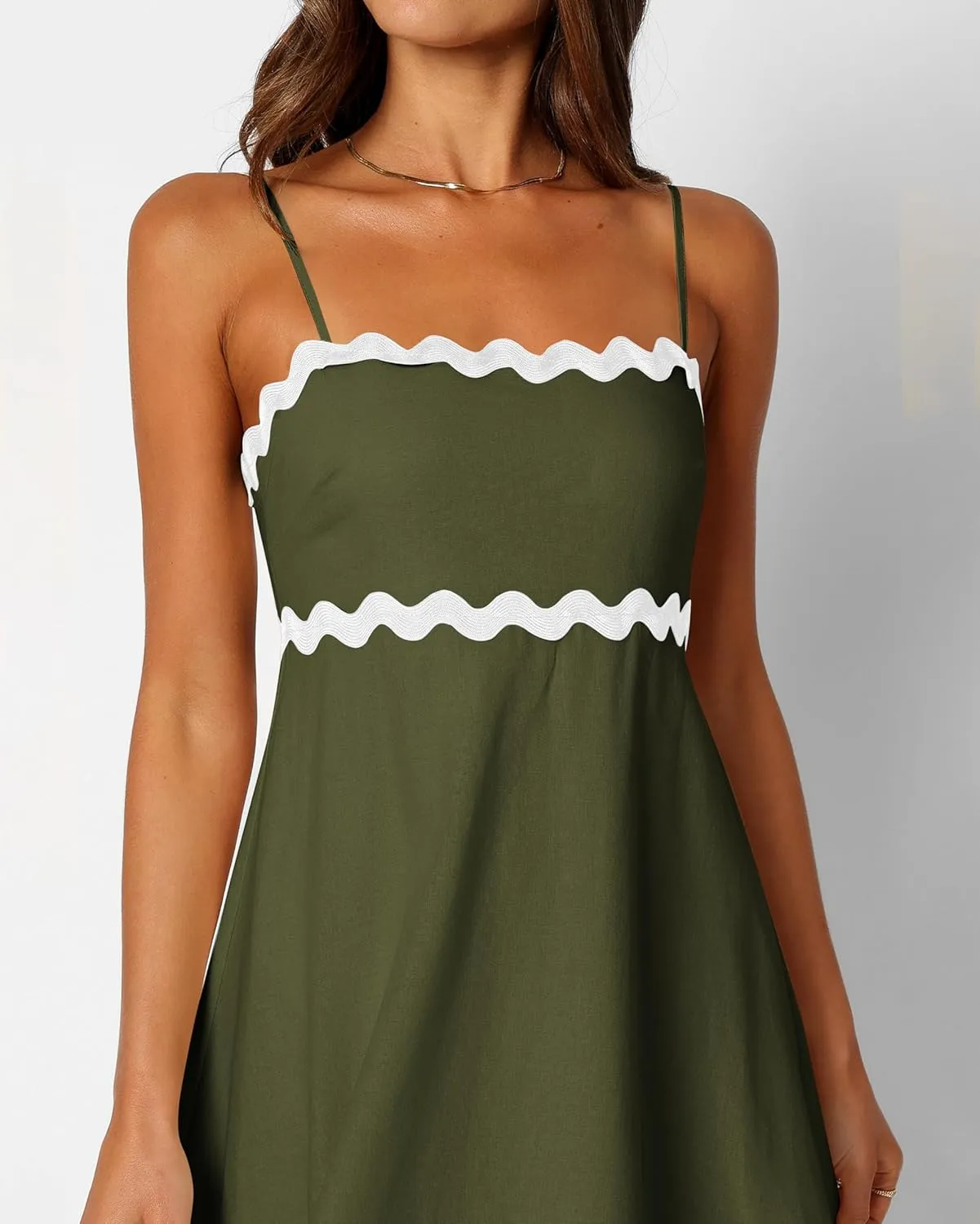 dowerme Women Summer Dresses 2025 Spaghetti Straps Sleeveless Smocked Rickrack Trim Boho Flowy Loose A-Line Midi Dress