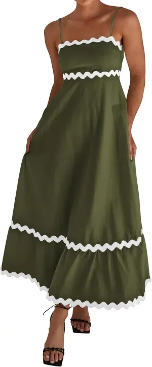 dowerme Women Summer Dresses 2025 Spaghetti Straps Sleeveless Smocked Rickrack Trim Boho Flowy Loose A-Line Midi Dress