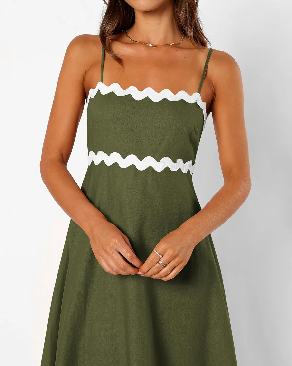 dowerme Women Summer Dresses 2025 Spaghetti Straps Sleeveless Smocked Rickrack Trim Boho Flowy Loose A-Line Midi Dress