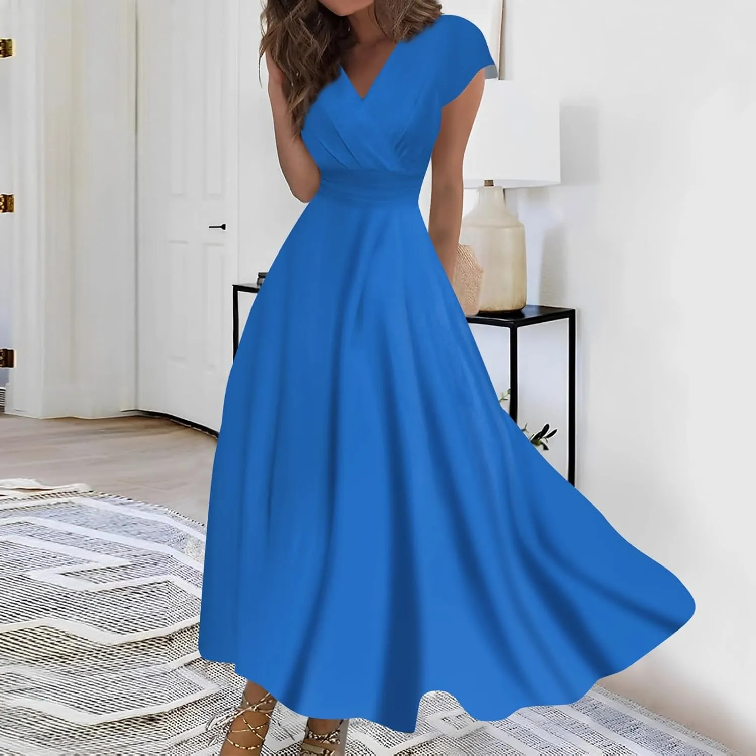 Dresses for Women 2025 Sleeveless Flowy Ruched Maxi Dress Wrap V Neck Floral Print Sundress Trendy Boho Dress