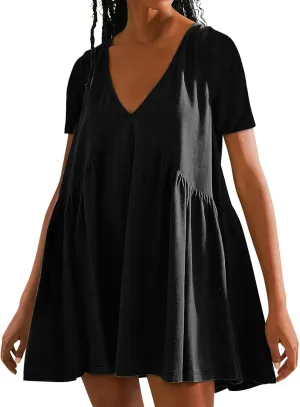 Dresses for Women Plus Size Casual Short Sleeve V Neck Mini Dress Summer Loose Fit Ruffle Hem Dresses 2025