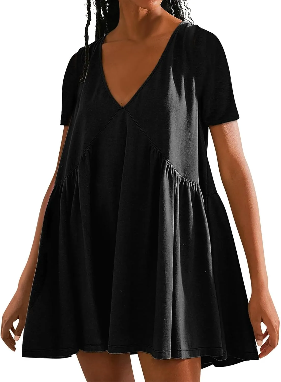 Dresses for Women Plus Size Casual Short Sleeve V Neck Mini Dress Summer Loose Fit Ruffle Hem Dresses 2025