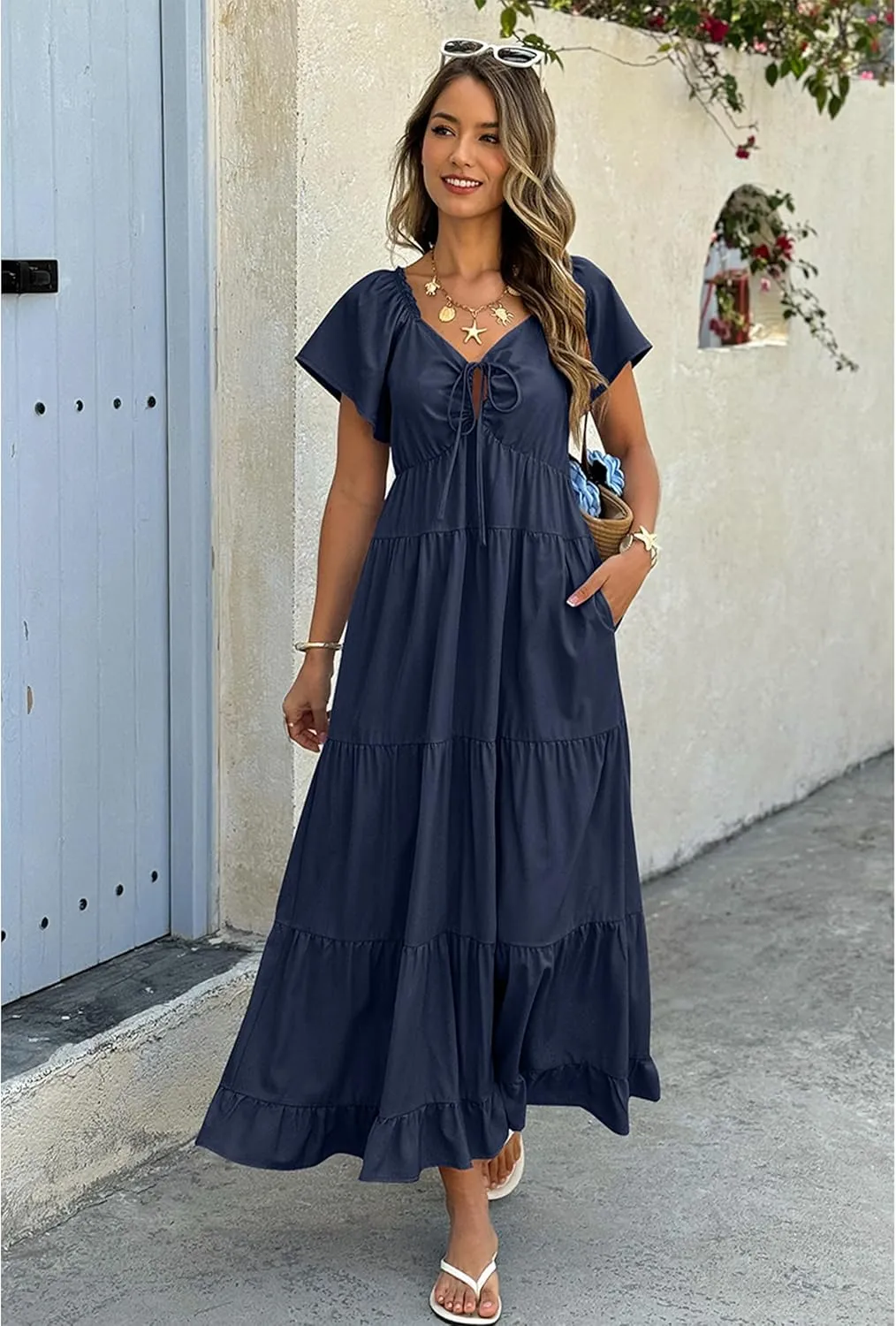 ECOWISH Womens Summer Maxi Dress 2025 Flutter Short Sleeve V Neck Tie Front Wedding Guest Vacation Tiered Flowy Dresses