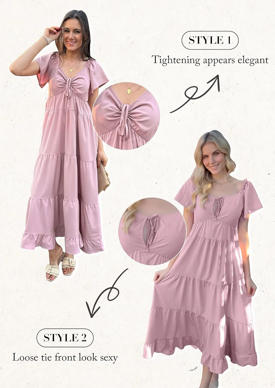 ECOWISH Womens Summer Maxi Dress 2025 Flutter Short Sleeve V Neck Tie Front Wedding Guest Vacation Tiered Flowy Dresses