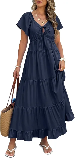 ECOWISH Womens Summer Maxi Dress 2025 Flutter Short Sleeve V Neck Tie Front Wedding Guest Vacation Tiered Flowy Dresses