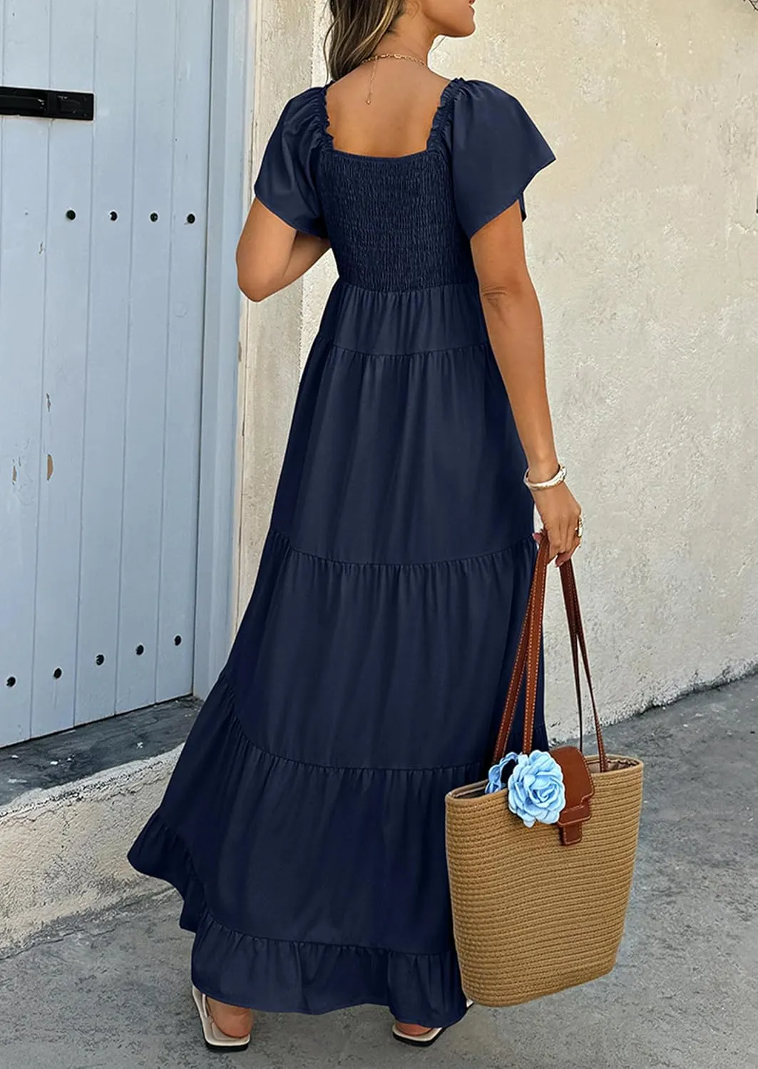 ECOWISH Womens Summer Maxi Dress 2025 Flutter Short Sleeve V Neck Tie Front Wedding Guest Vacation Tiered Flowy Dresses