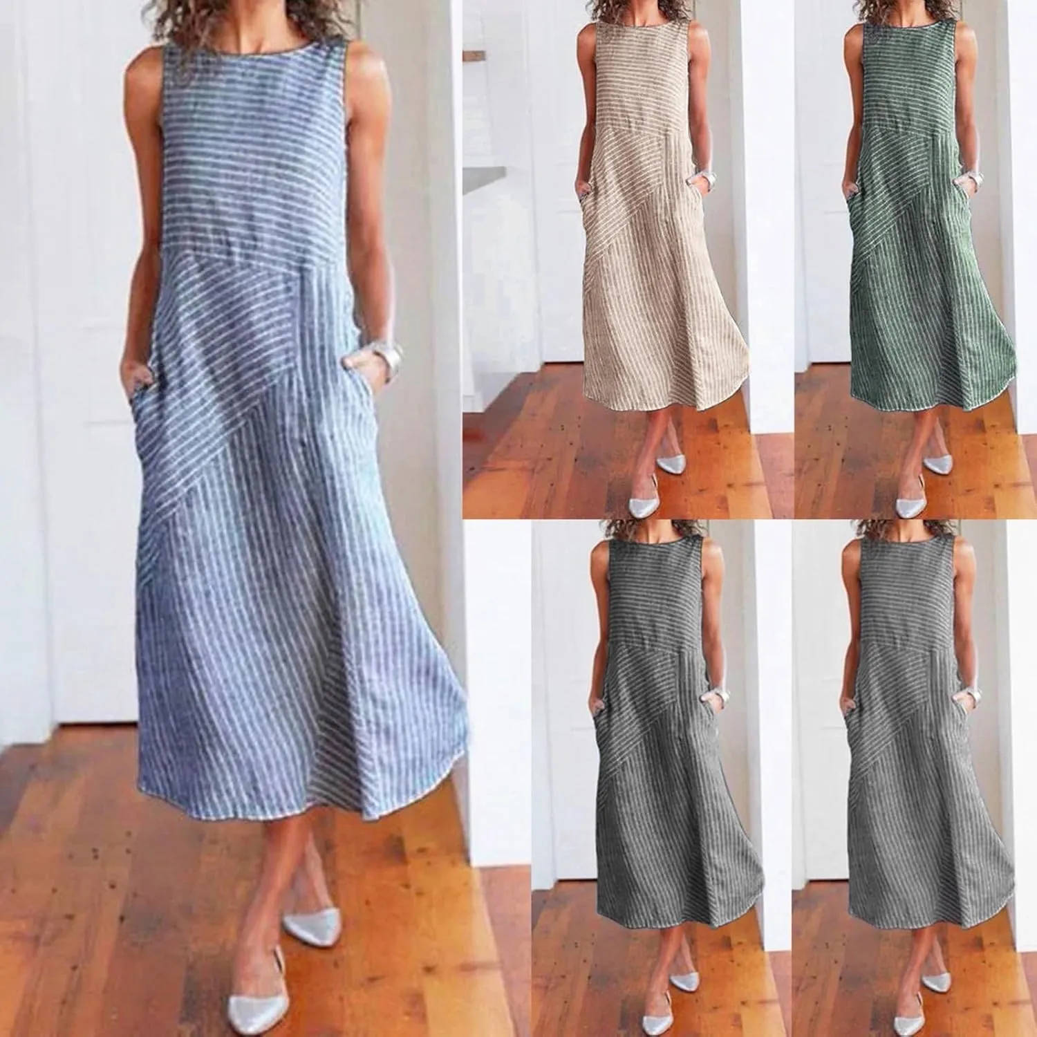 Eduavar Summer Dresses for Women 2024, Linen Dresses for Women 2024Italy Cotton Linen Dress Crewneck Sleeveless Flowy Dress