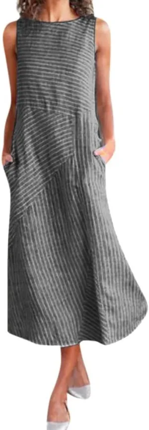 Eduavar Summer Dresses for Women 2024, Linen Dresses for Women 2024Italy Cotton Linen Dress Crewneck Sleeveless Flowy Dress