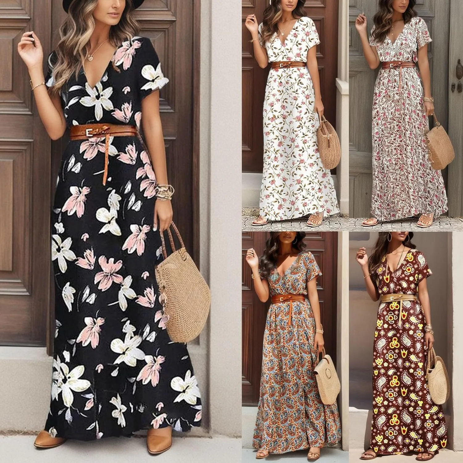 Eduavar Summer Dresses for Women, Maxi Dress for Women Dressy Elegant Short Sleeve V Neck Floral Dress with Drawstring