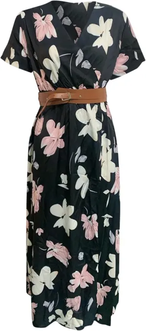 Eduavar Summer Dresses for Women, Maxi Dress for Women Dressy Elegant Short Sleeve V Neck Floral Dress with Drawstring