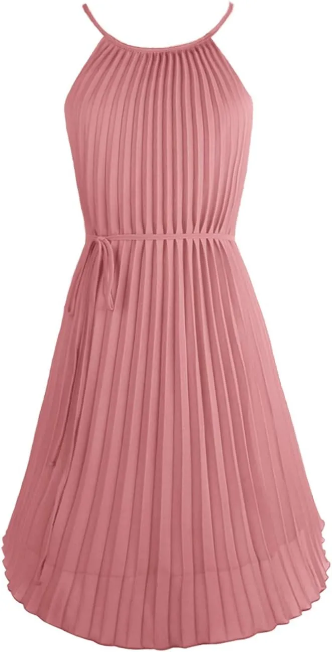 Ellames Women's 2024 Summer Spaghetti Strap Pleated Casual Swing Dress with Belt