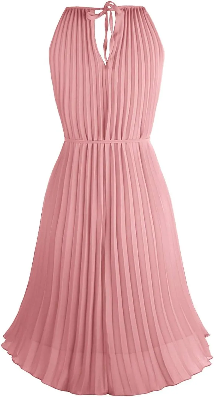 Ellames Women's 2024 Summer Spaghetti Strap Pleated Casual Swing Dress with Belt