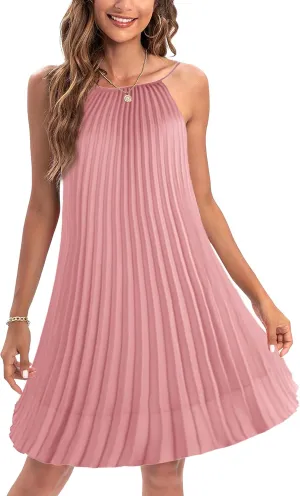 Ellames Women's 2024 Summer Spaghetti Strap Pleated Casual Swing Dress with Belt